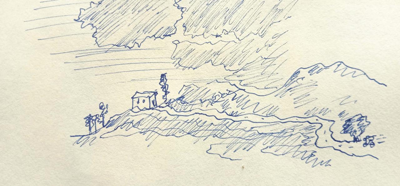 A little doodle of a house next to some trees on a hill