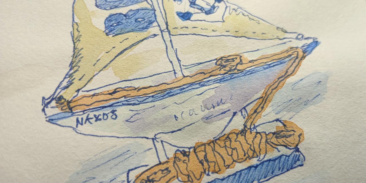Tinten- und Wasserfarben-Bild eines Spielzeugschiffs das "Naxos" heisst